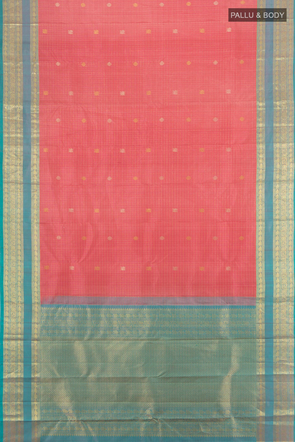 Flat view of Pure Silk Pure Zari Rose Gold Kanjivaram Saree with Zari Butta on the body and Silk Border. 