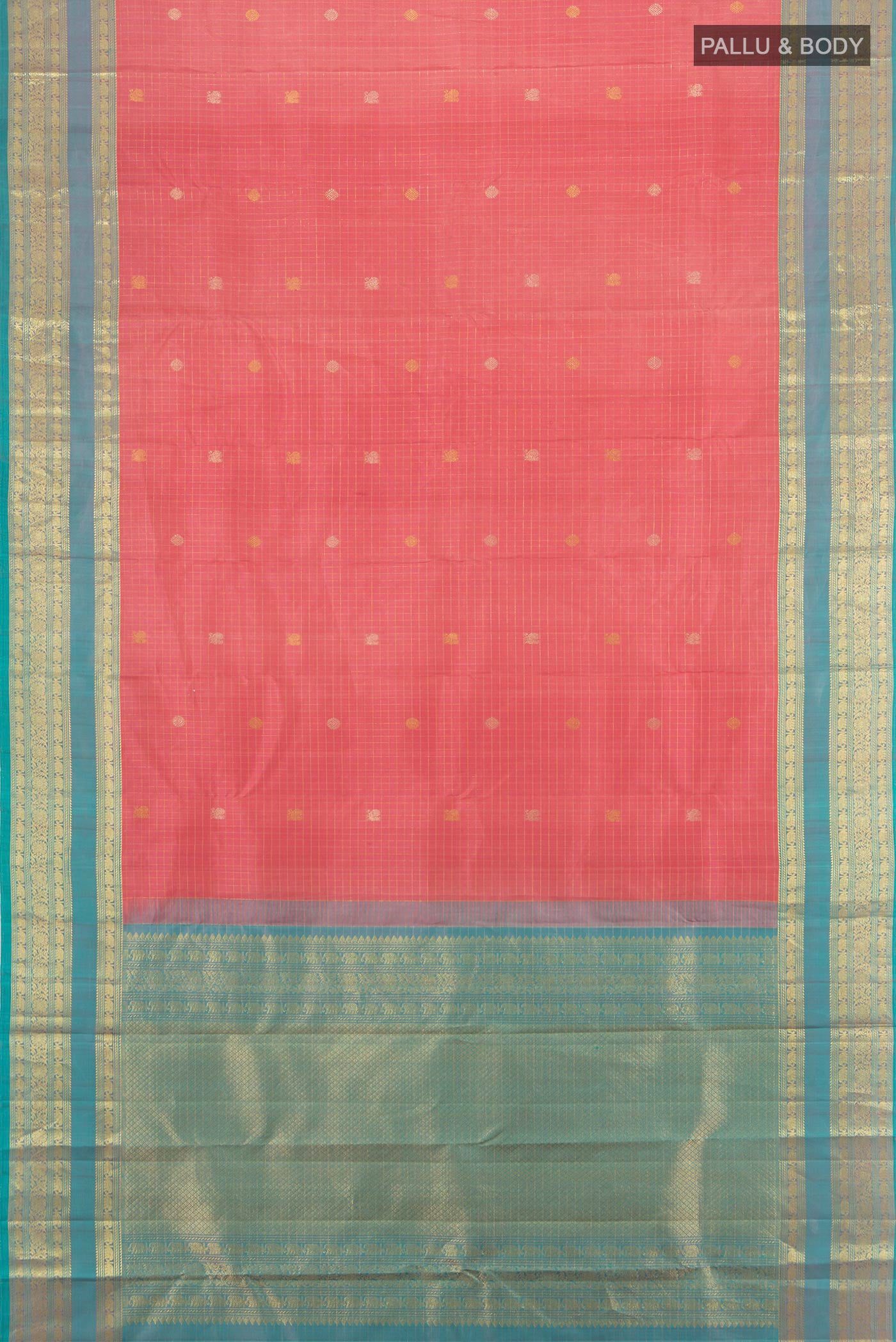 Flat view of Pure Silk Pure Zari Rose Gold Kanjivaram Saree with Zari Butta on the body and Silk Border. 
