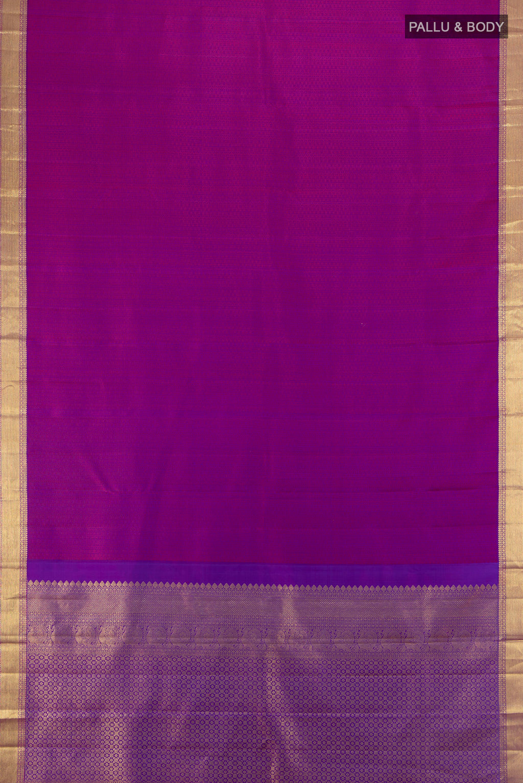 Flat view of Purple Kanjivaram Silk Saree with Thread Brocade on the body and Silk Border. 