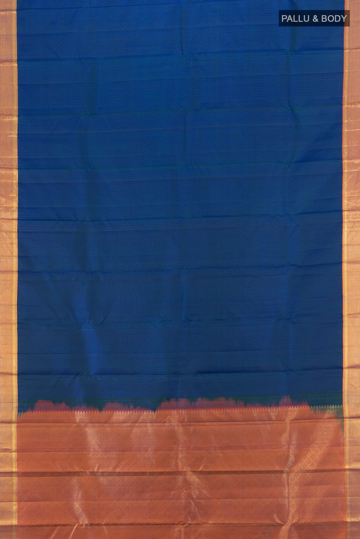 Flat view of Royal Blue Kanjivaram Silk Saree with Jacquard design on the body and Zari Border. 