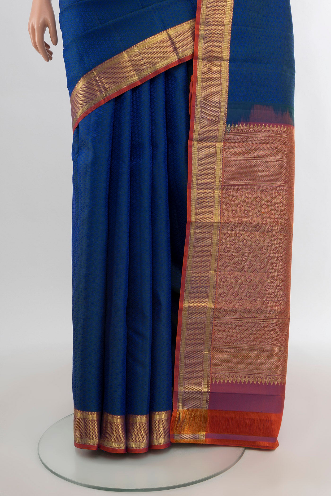 Pleats and pallu of Royal Blue Kanjivaram Silk Saree with Jacquard design on the body and Zari Border. 