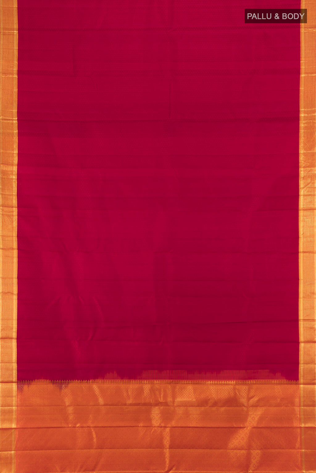 Flat view of Maroon Kanjivaram Silk Saree with Jacquard design on the body and Zari Border. 