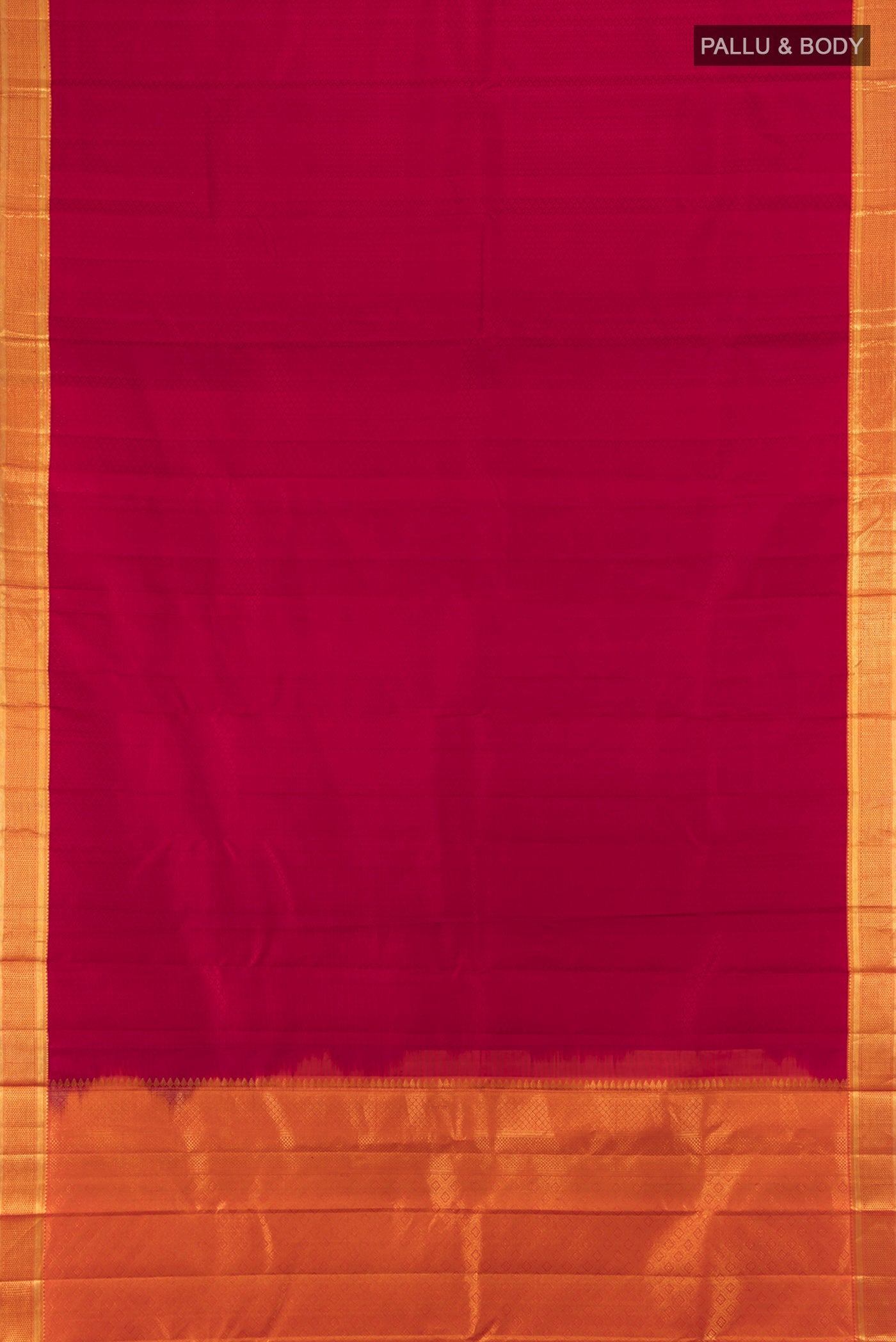 Flat view of Maroon Kanjivaram Silk Saree with Jacquard design on the body and Zari Border. 