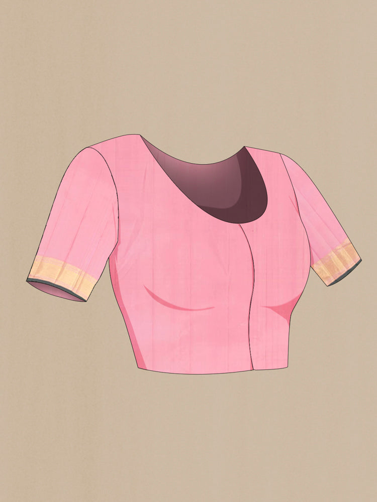 Close up image of the blouse of Rose pink Kanjivaram Silk Saree with Zari Butta on the body and Silk Border. 