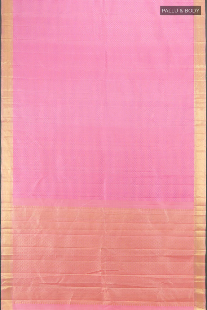 Flat view of Rose pink Kanjivaram Silk Saree with Zari Butta on the body and Silk Border. 
