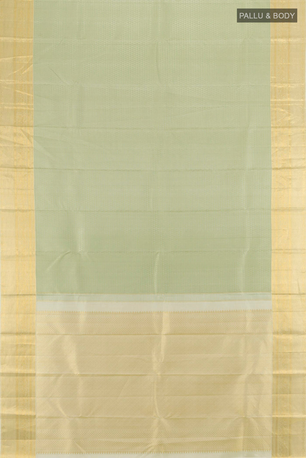 Flat view of Light Green Kanjivaram Silk Saree with Jacquard design on the body and Zari Border. 