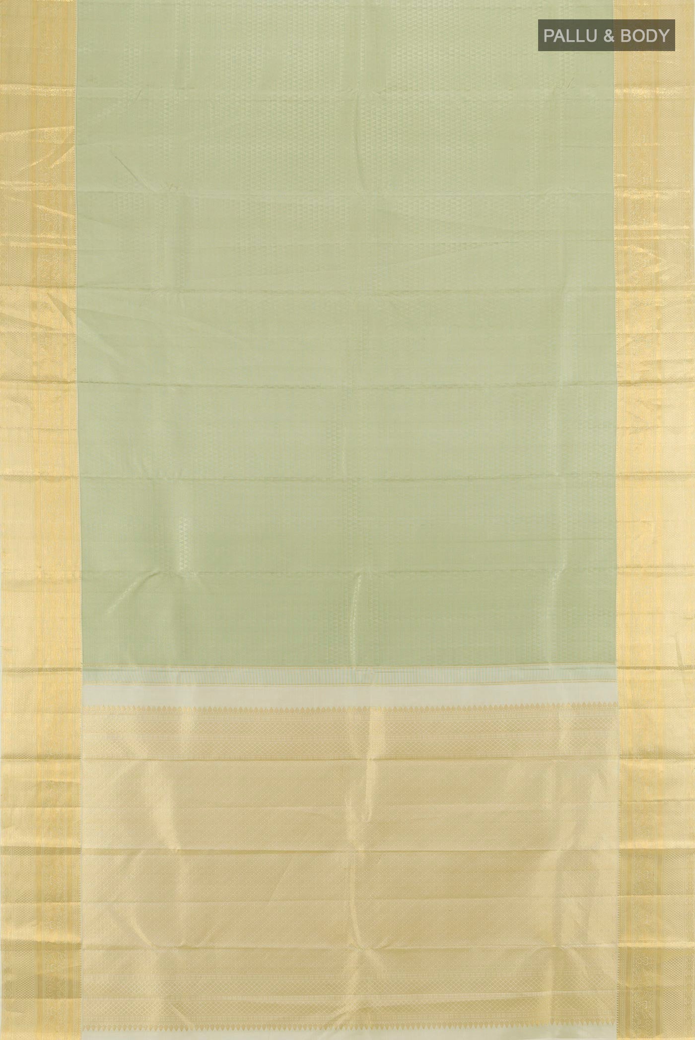 Flat view of Light Green Kanjivaram Silk Saree with Jacquard design on the body and Zari Border. 