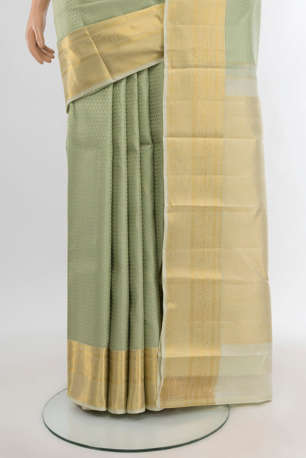 Pleats and pallu of Light Green Kanjivaram Silk Saree with Jacquard design on the body and Zari Border. 
