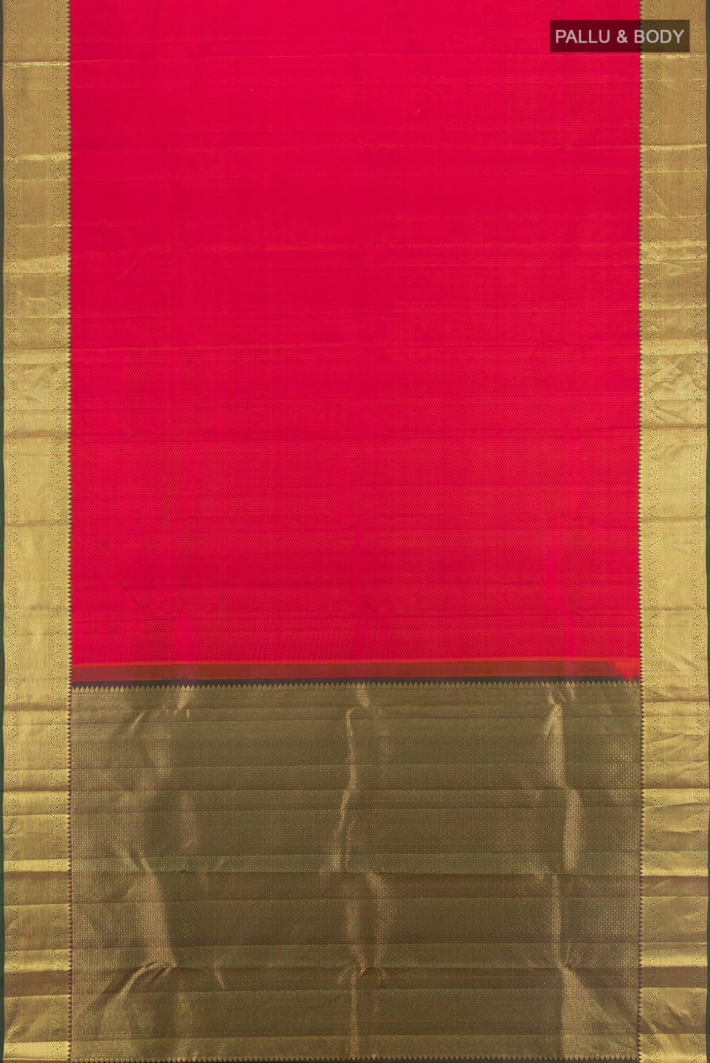 Flat view of Pink Kanjivaram Silk Saree with Jacquard design on the body and Zari Border. 