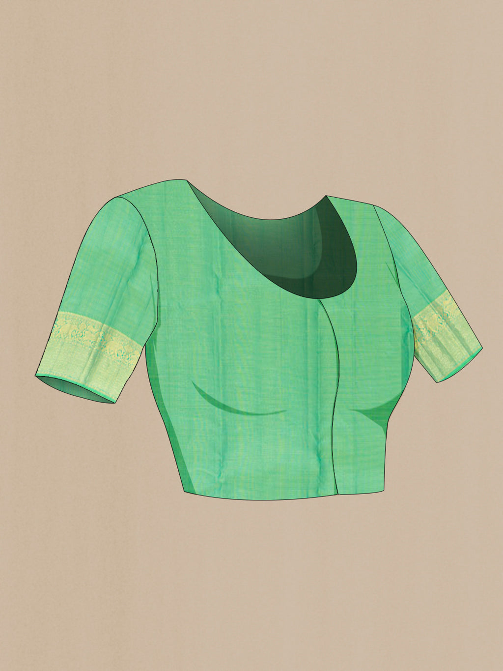 Close up image of the blouse of Pure Silk Pure Zari Parrot Green Kanjivaram Saree with Zari Butta on the body and Silk Border. 