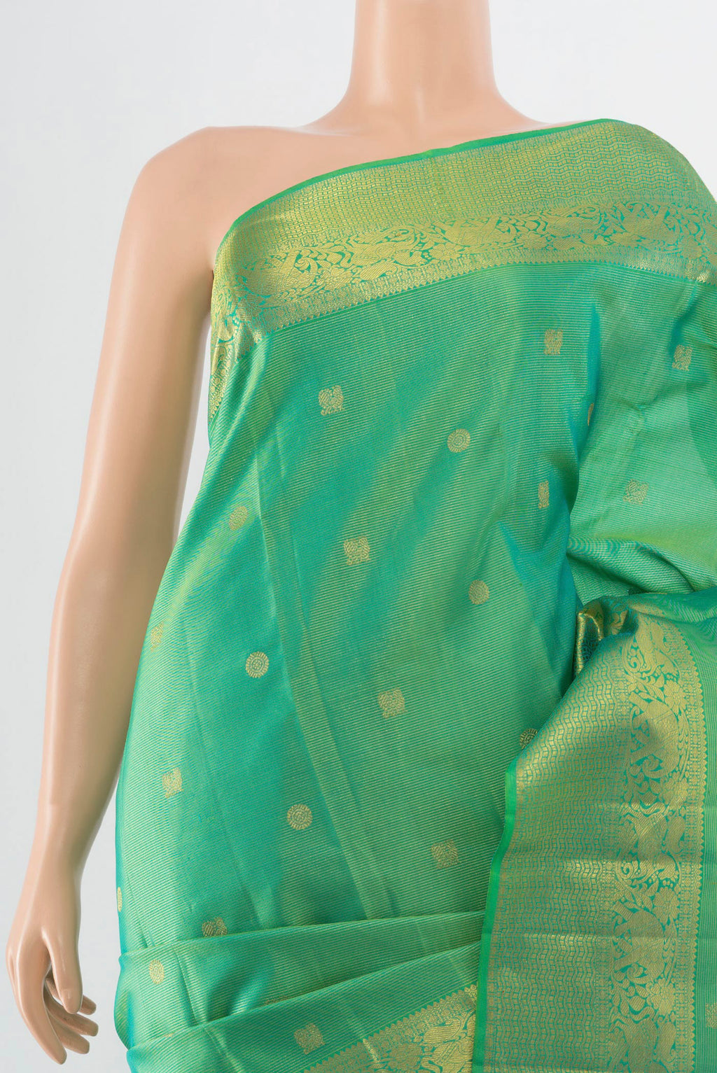 Border image of Pure Silk Pure Zari Parrot Green Kanjivaram Saree with Zari Butta on the body and Silk Border. 