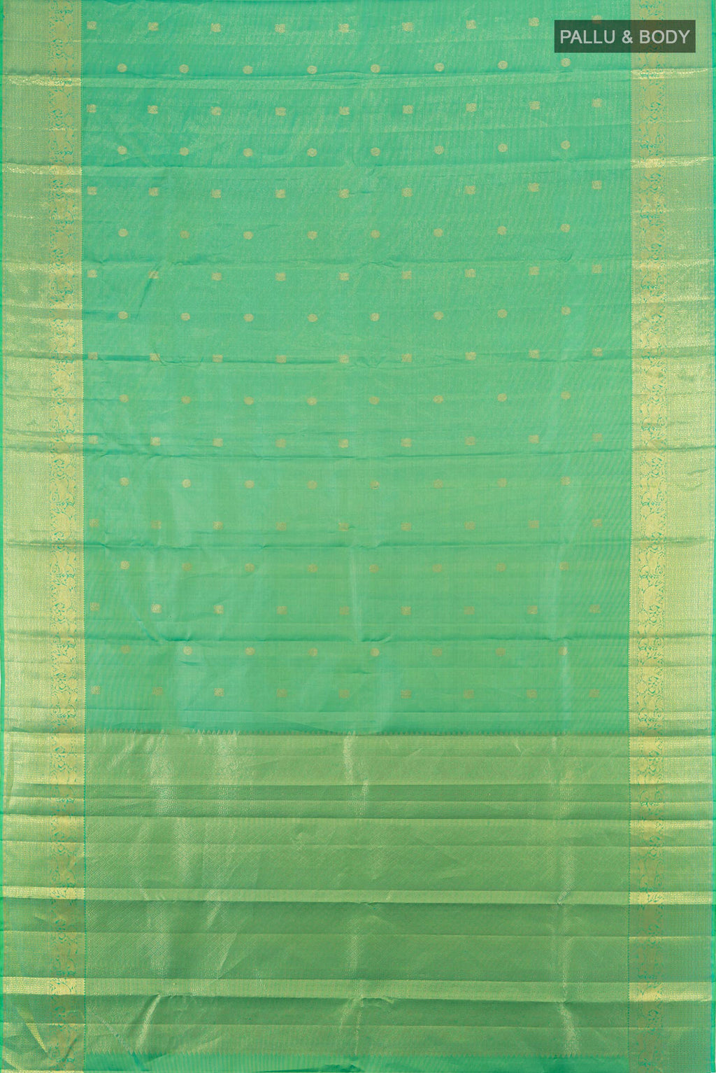 Flat view of Pure Silk Pure Zari Parrot Green Kanjivaram Saree with Zari Butta on the body and Silk Border. 