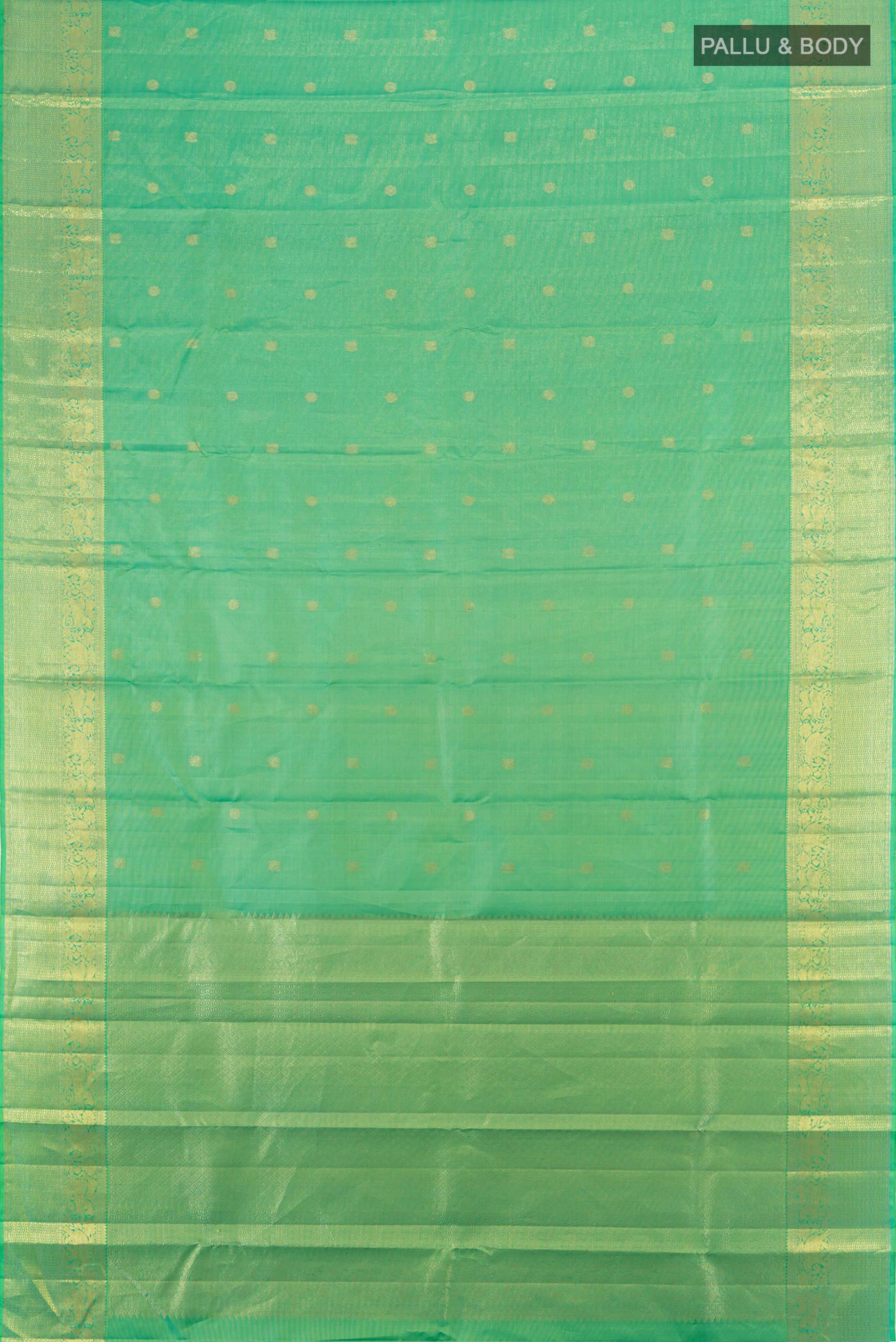 Flat view of Pure Silk Pure Zari Parrot Green Kanjivaram Saree with Zari Butta on the body and Silk Border. 