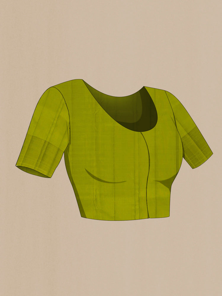 Close up image of the blouse of Light Green Kanchipuram Silk Saree with Zari Butta on the body and Silk Border. 