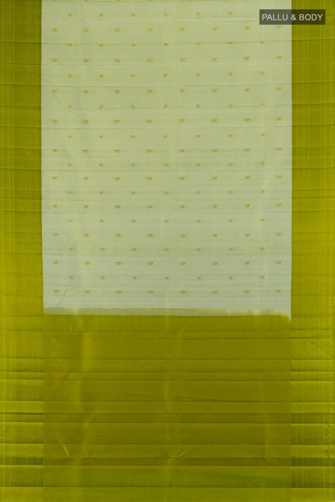 Flat view of Light Green Kanchipuram Silk Saree with Zari Butta on the body and Silk Border. 