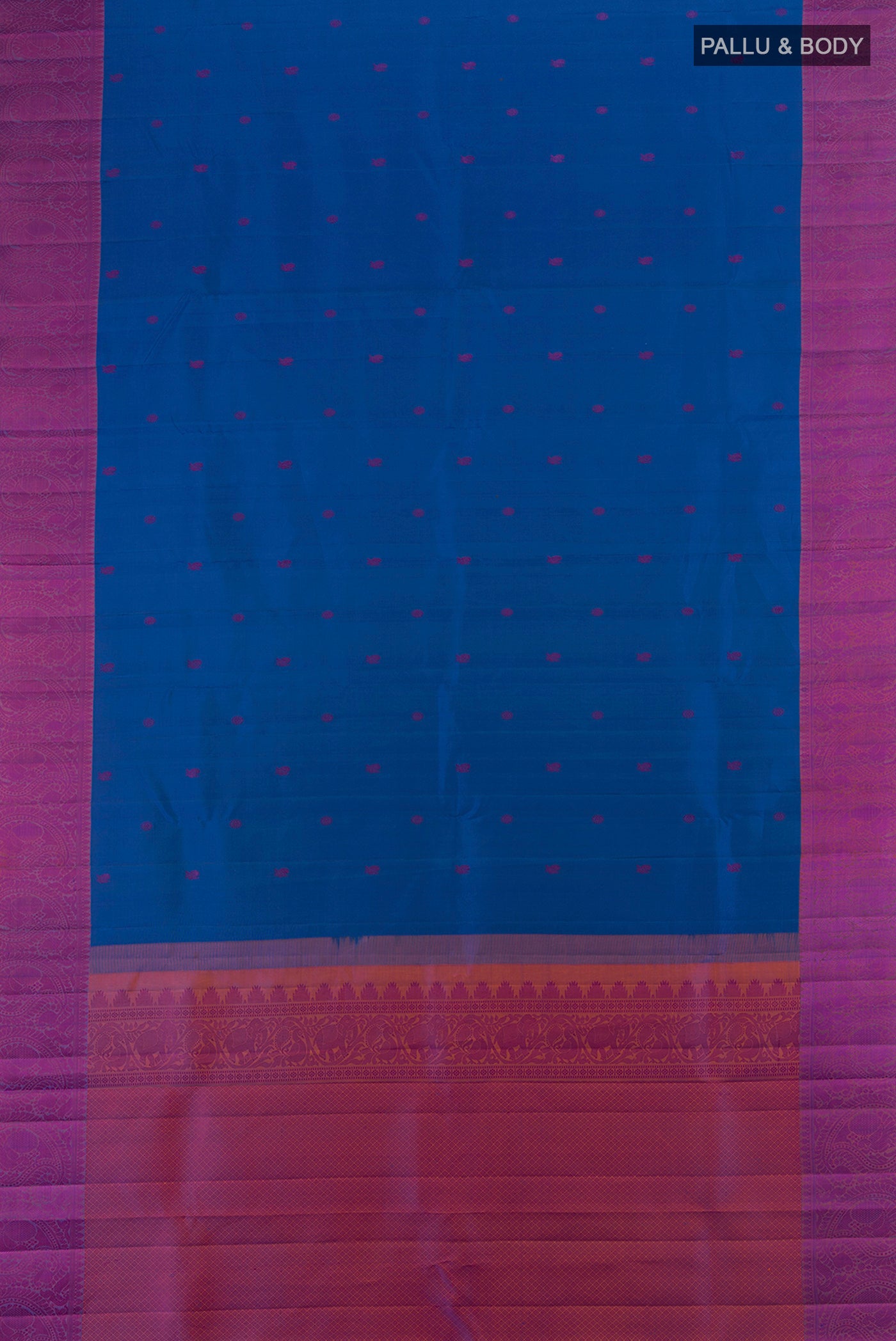 Flat view of Blue Kanchipuram Silk Saree with Thread Butta on the body and Thread Border. 