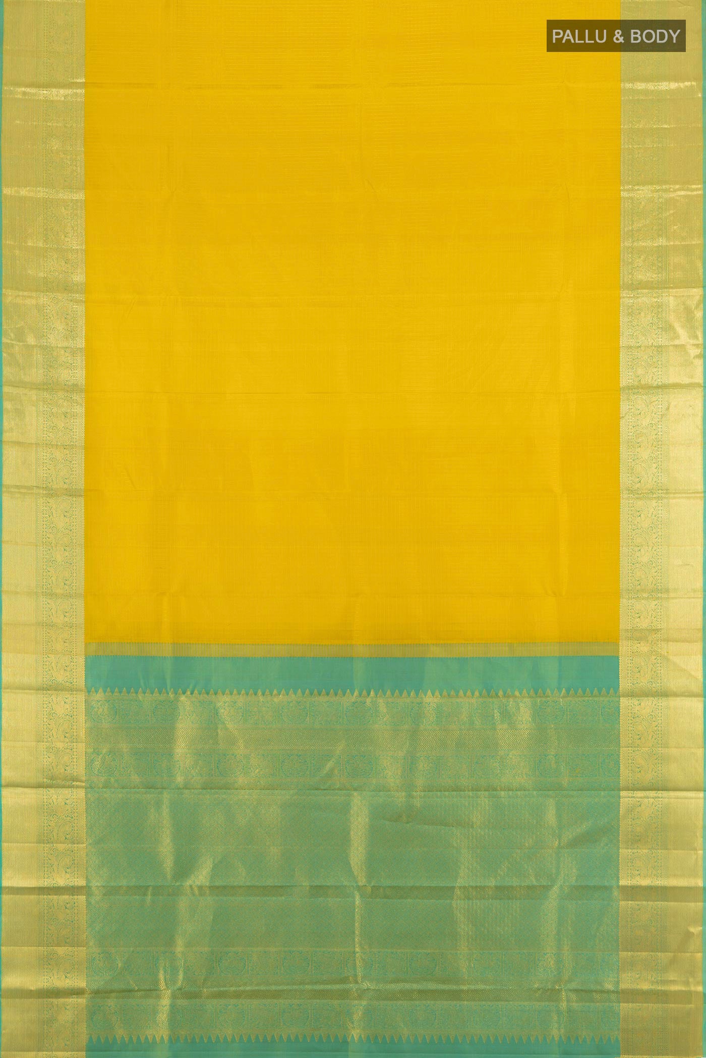Flat view of Yellow Kanjivaram Silk Saree with Checked design on the body and Zari Border. 