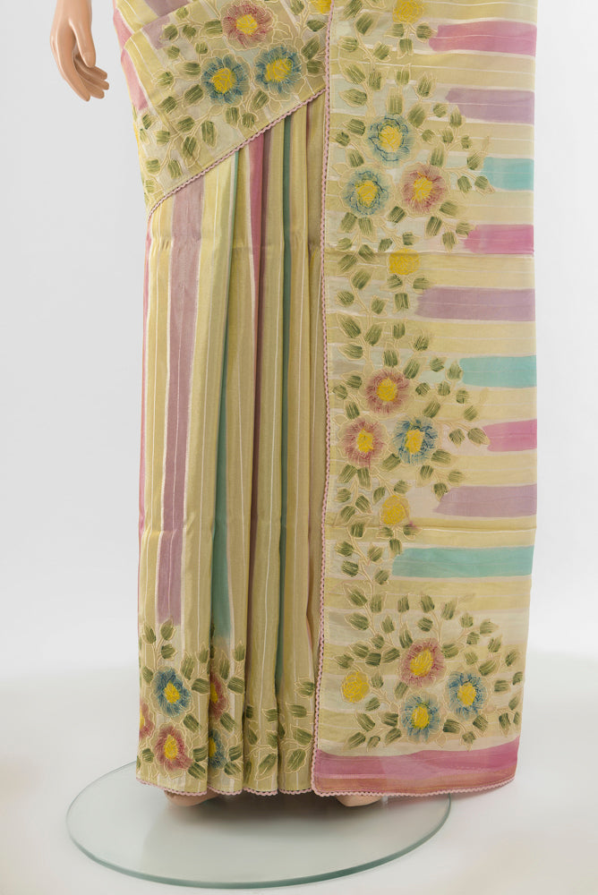 Pleats and pallu of Pure Silk Pure Zari Multi Color Art Saree with Zari Butta on the body and Silk Border. 