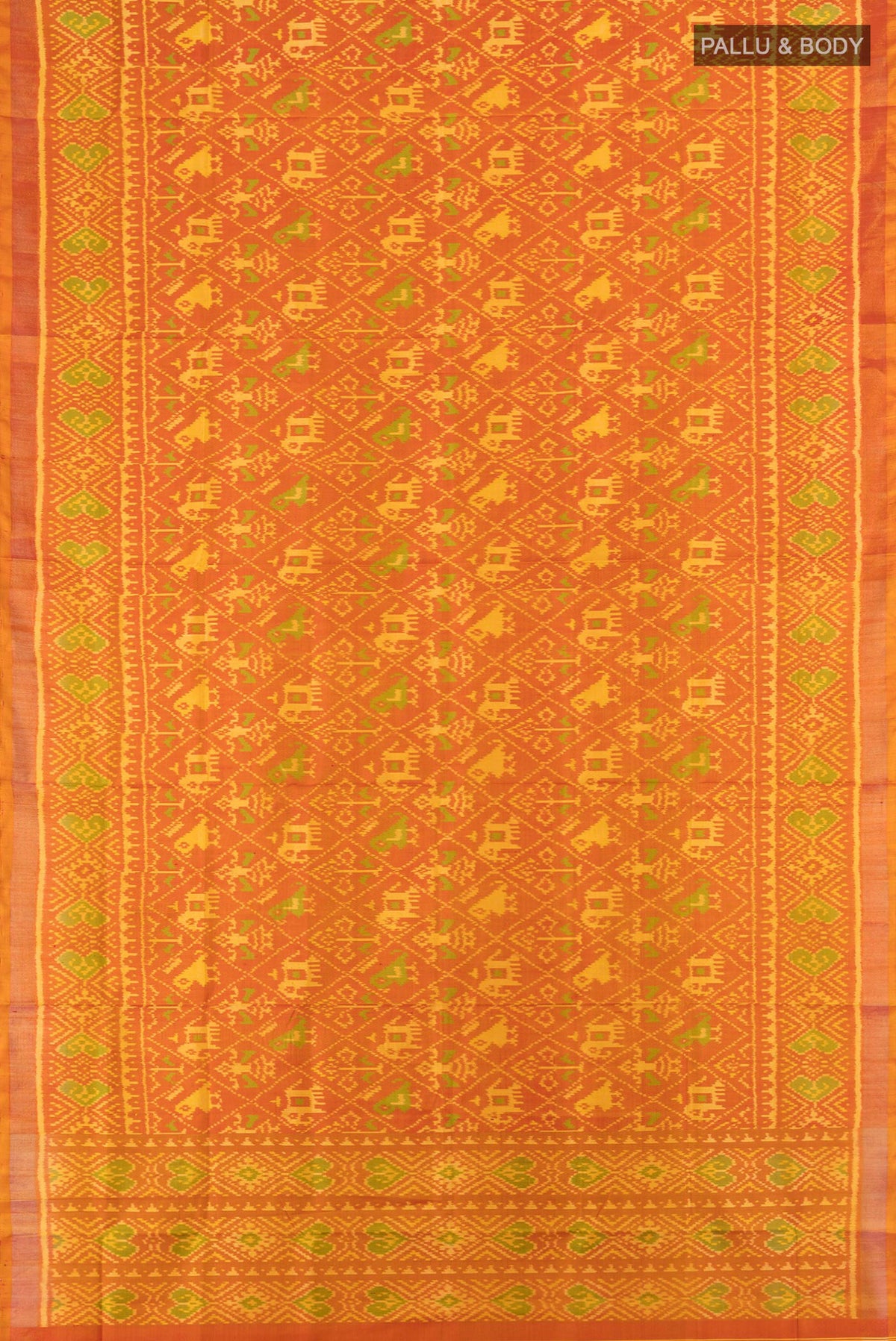 Flat view of Pure Silk Orange Rajkot Patola Saree with Pure Ikat on the body and Ikat Border. 