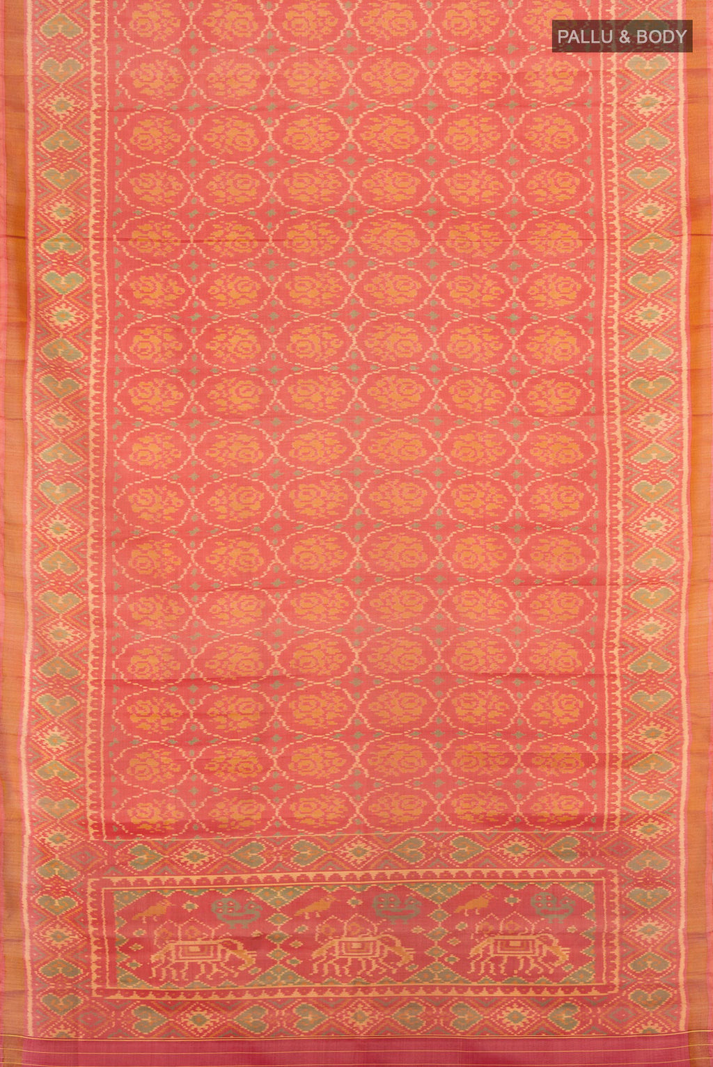 Flat view of Orange Rajkot Patola Silk Saree with Pure Ikat on the body and Ikat Border. 