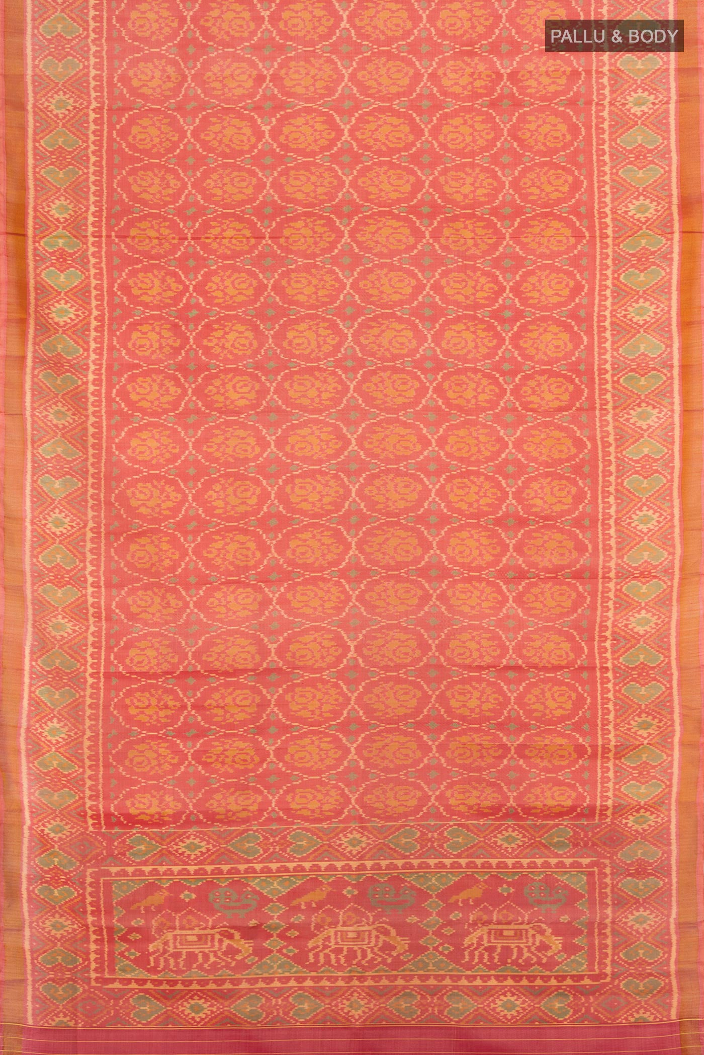 Flat view of Orange Rajkot Patola Silk Saree with Pure Ikat on the body and Ikat Border. 