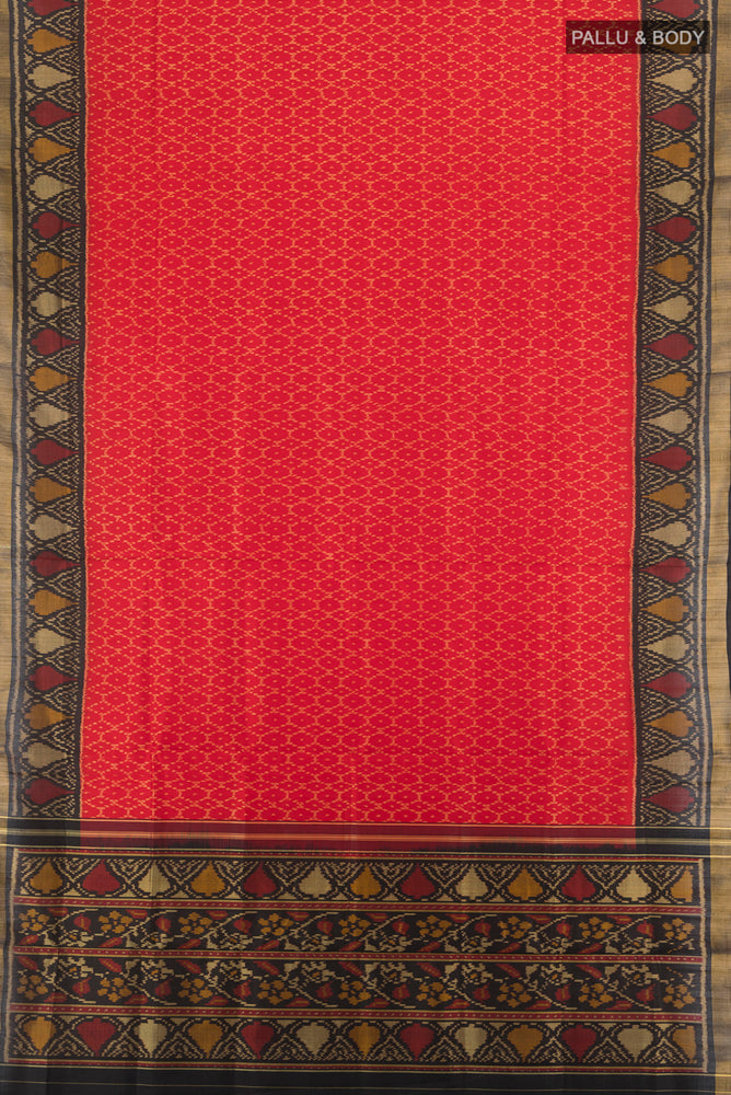 Flat view of Multi Color Rajkot Patola Silk Saree with Ikat Print on the body and Silk Border. 