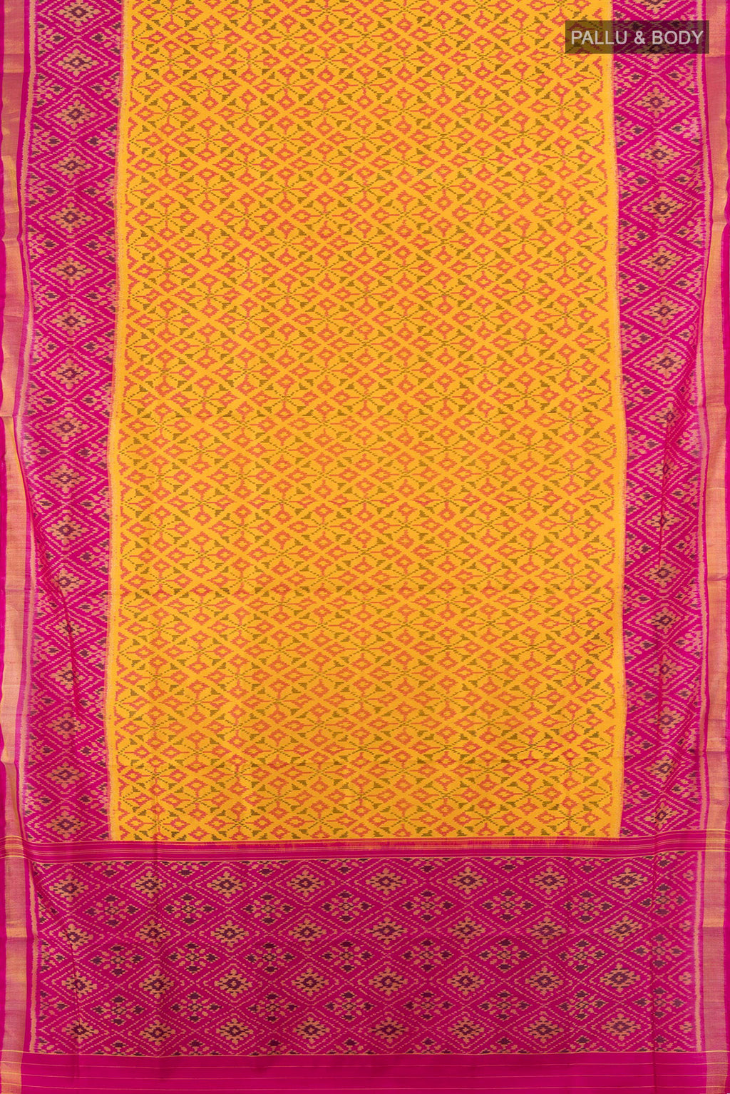 Flat view of Pure Silk Yellow Rajkot Patola Saree with Pure Ikat on the body and Ikat Border. 