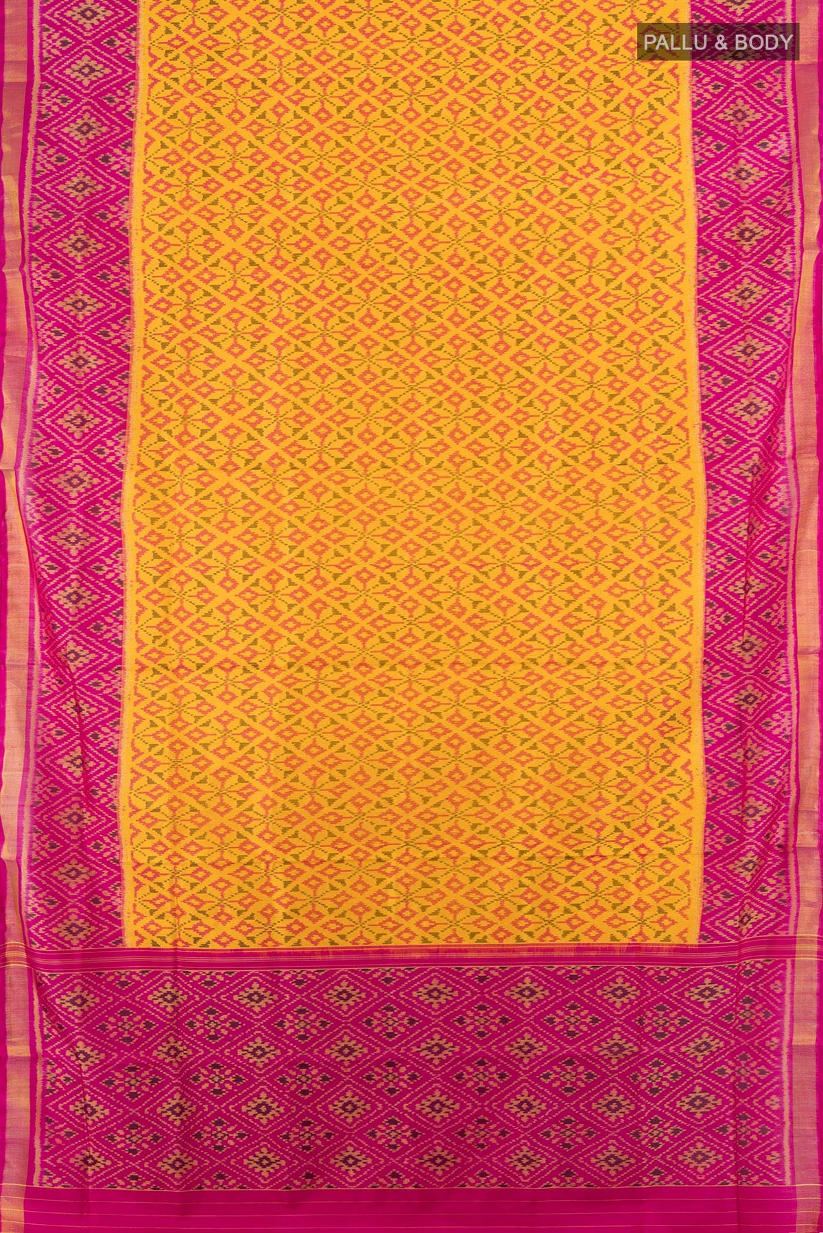 Flat view of Pure Silk Yellow Rajkot Patola Saree with Pure Ikat on the body and Ikat Border. 