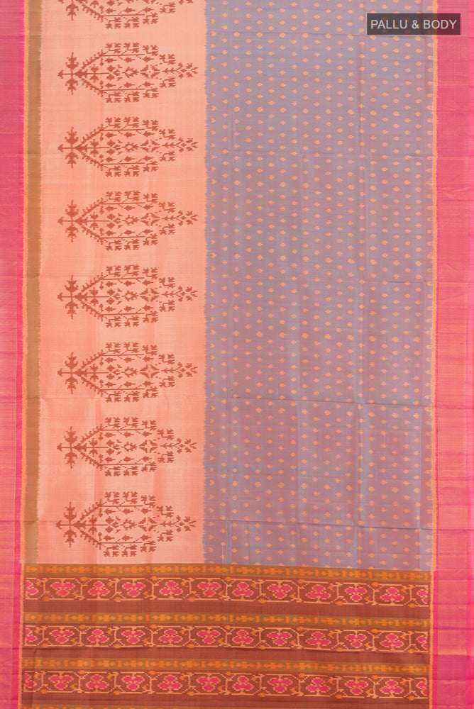 Flat view of Multi Color Rajkot Patola Silk Saree with Ikat Print on the body and Silk Border. 