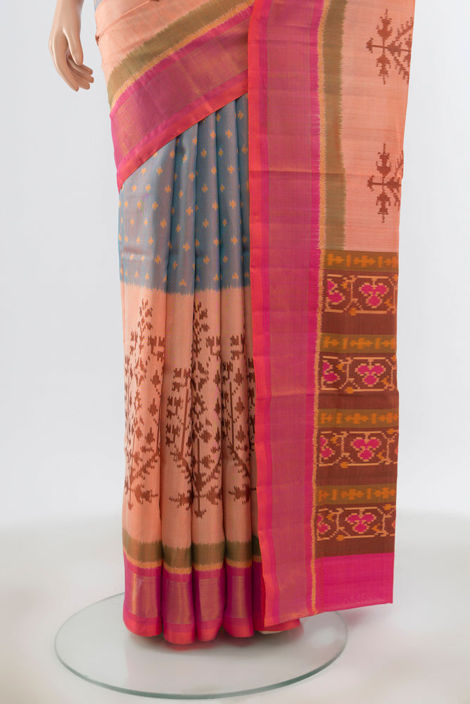 Pleats and pallu of Multi Color Rajkot Patola Silk Saree with Ikat Print on the body and Silk Border. 