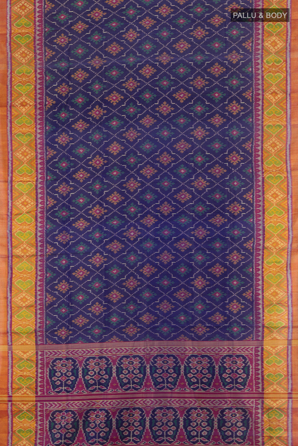 Flat view of Navy Blue Rajkot Patola Silk Saree with Pure Ikat on the body and Ikat Border. 