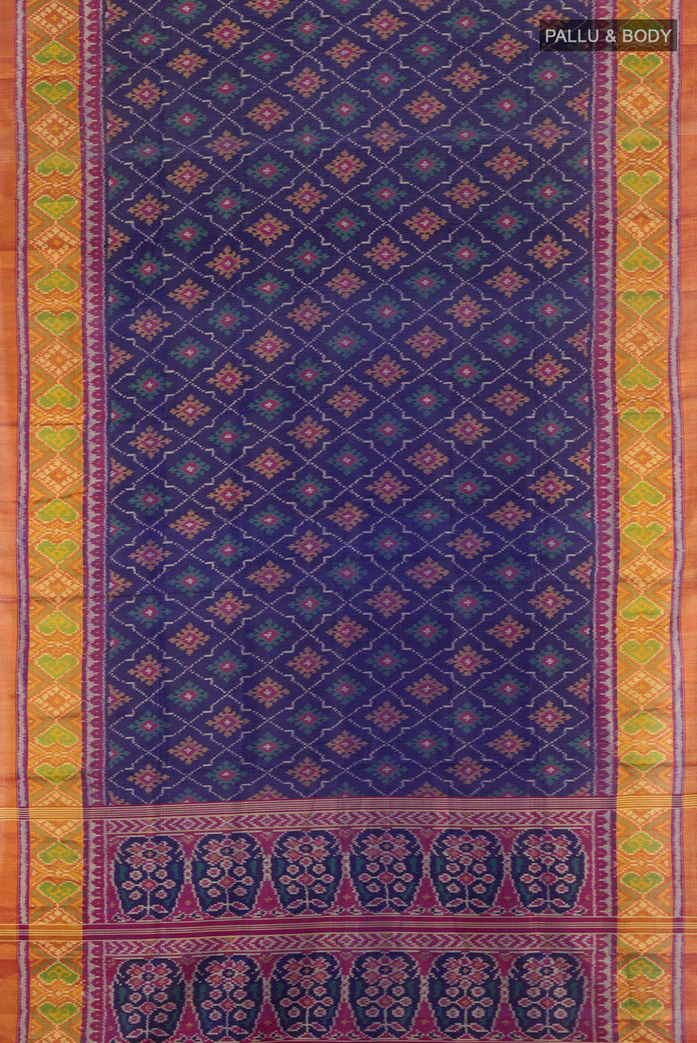Flat view of Navy Blue Rajkot Patola Silk Saree with Pure Ikat on the body and Ikat Border. 