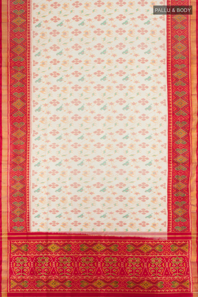 Flat view of Multi Color Rajkot Patola Silk Saree with Ikat Print on the body and Silk Border. 