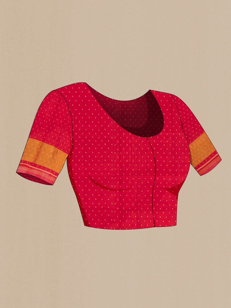 Close up image of the blouse of Multi Color Pochampally Saree with Ikat Print on the body and Silk Border. 