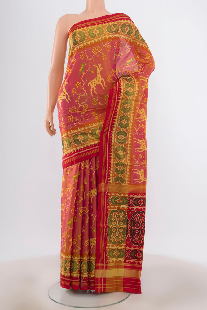 Multi Color Pochampally Saree with Ikat Print on the body and Silk Border.  displayed on a mannequin