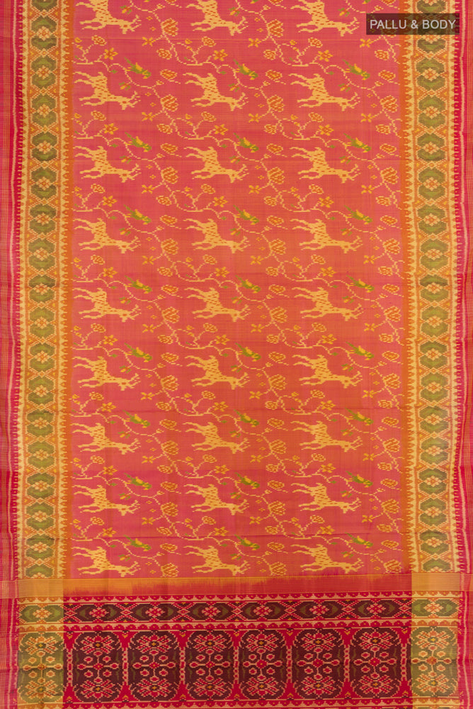 Flat view of Multi Color Pochampally Saree with Ikat Print on the body and Silk Border. 