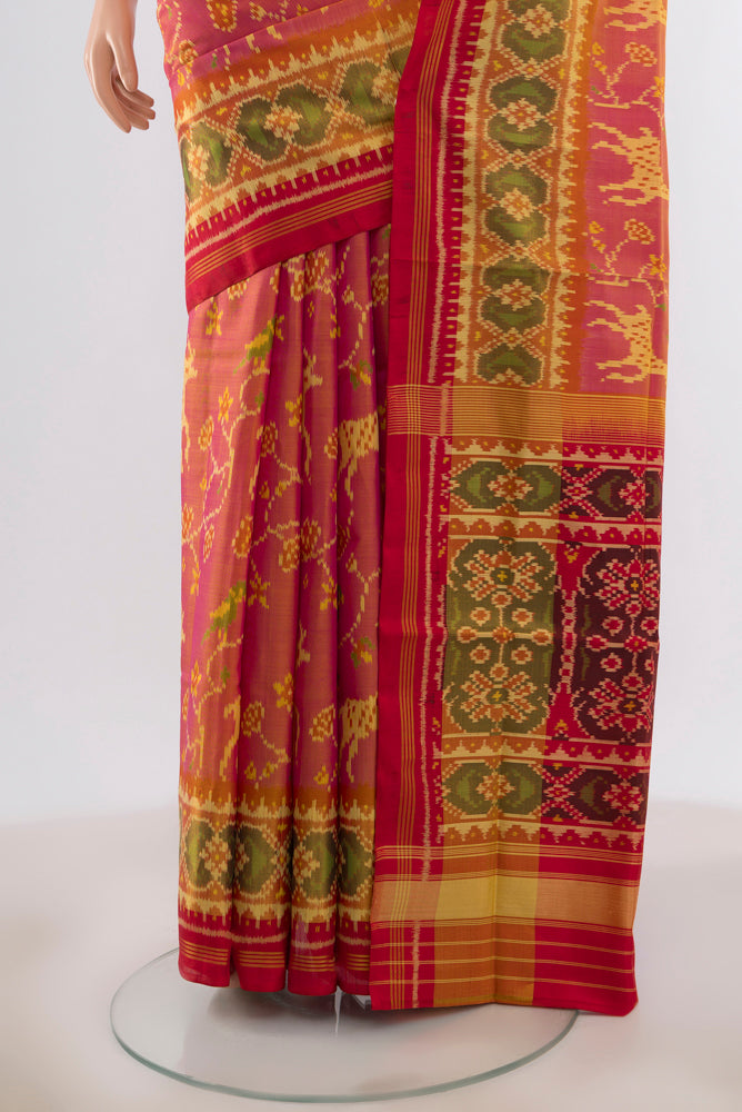 Pleats and pallu of Multi Color Pochampally Saree with Ikat Print on the body and Silk Border. 