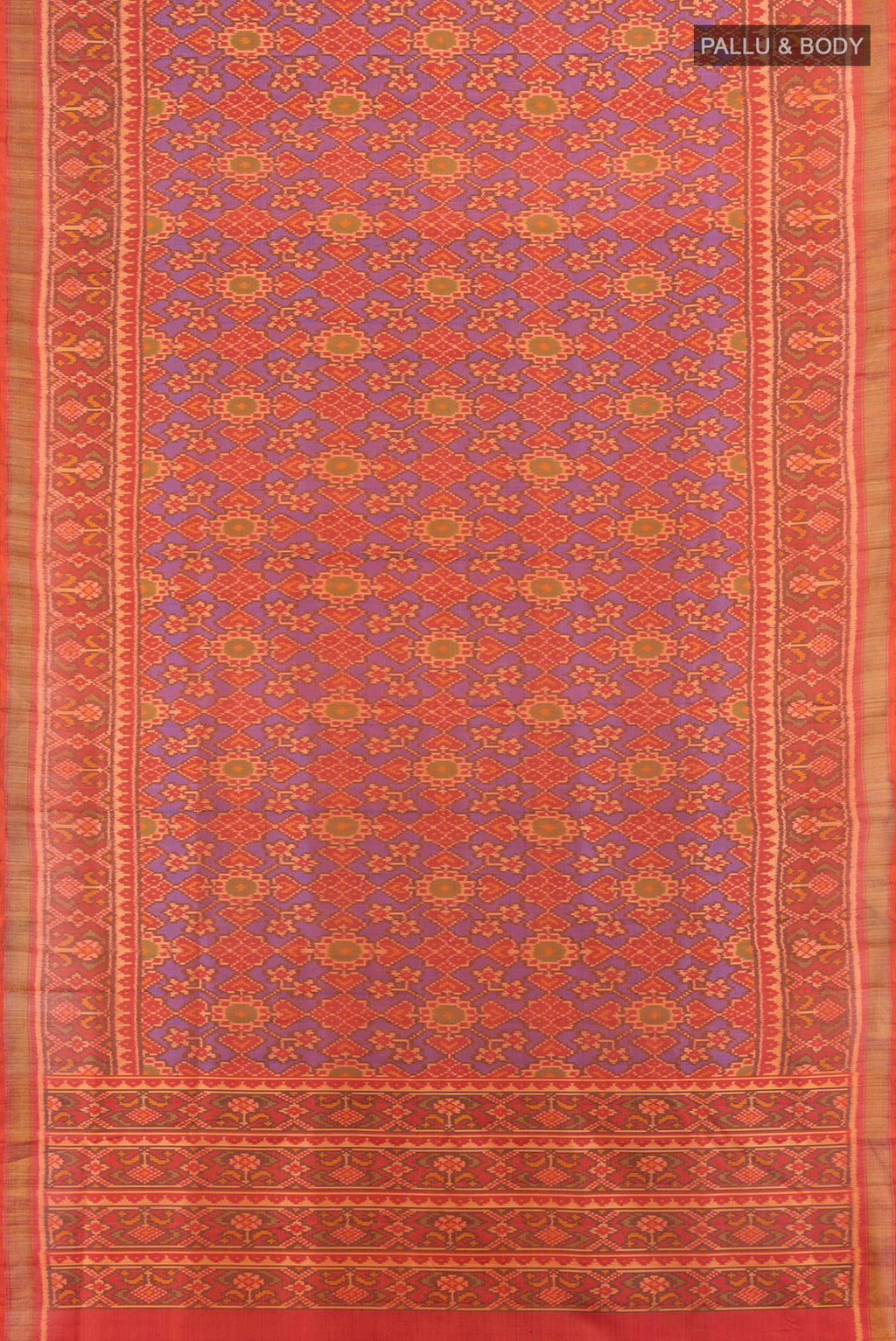 Flat view of Pure Silk Multi Color Rajkot Patola Saree with Pure Ikat on the body and Ikat Border. 