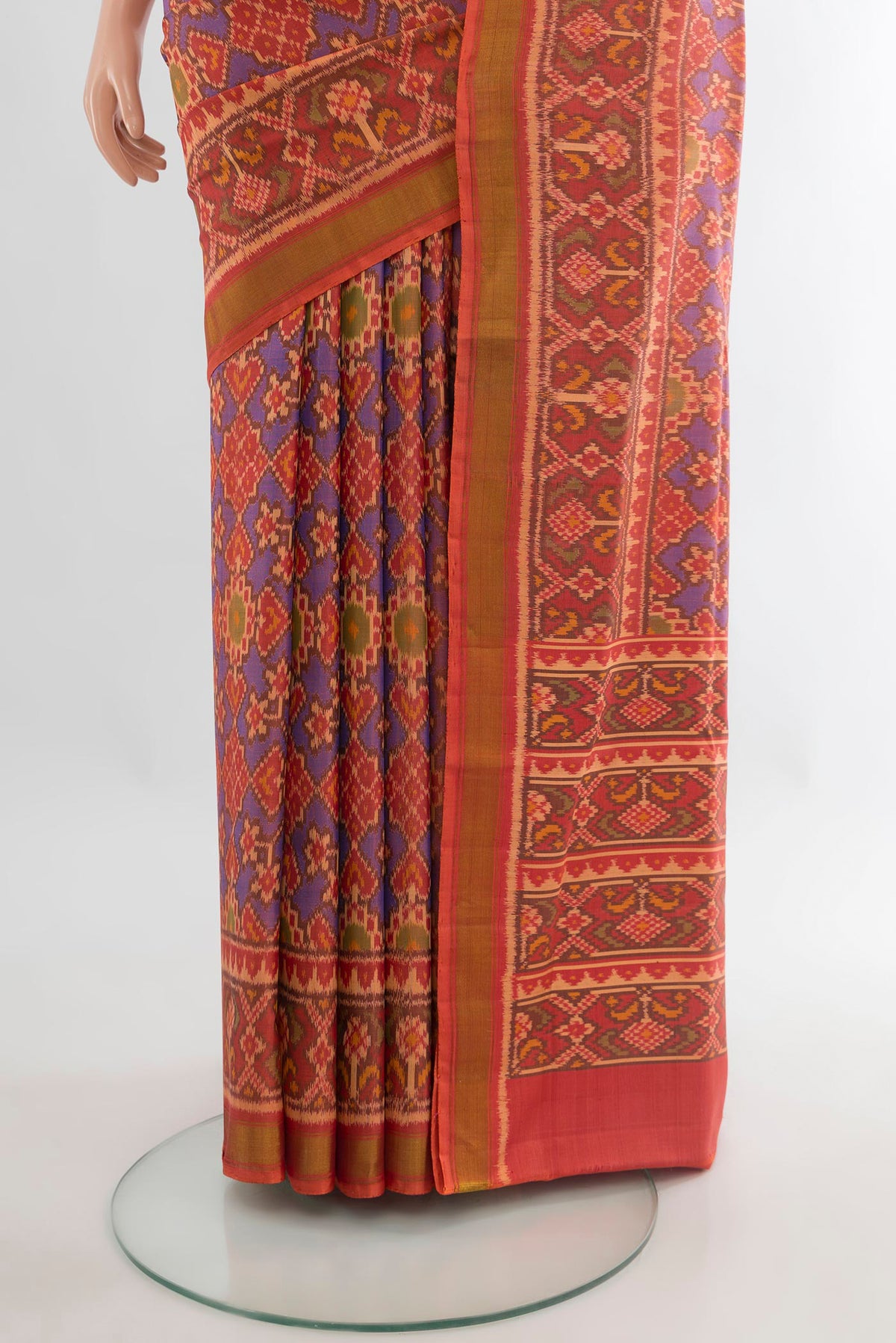 Pleats and pallu of Pure Silk Multi Color Rajkot Patola Saree with Pure Ikat on the body and Ikat Border. 