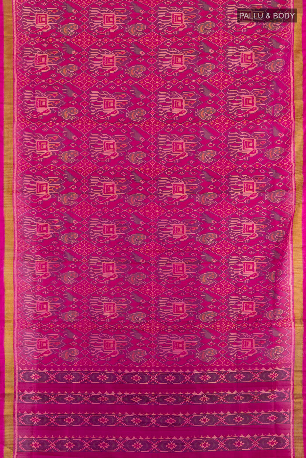 Flat view of Magenta Rajkot Patola Silk Saree with Pure Ikat on the body and Zari Border. 