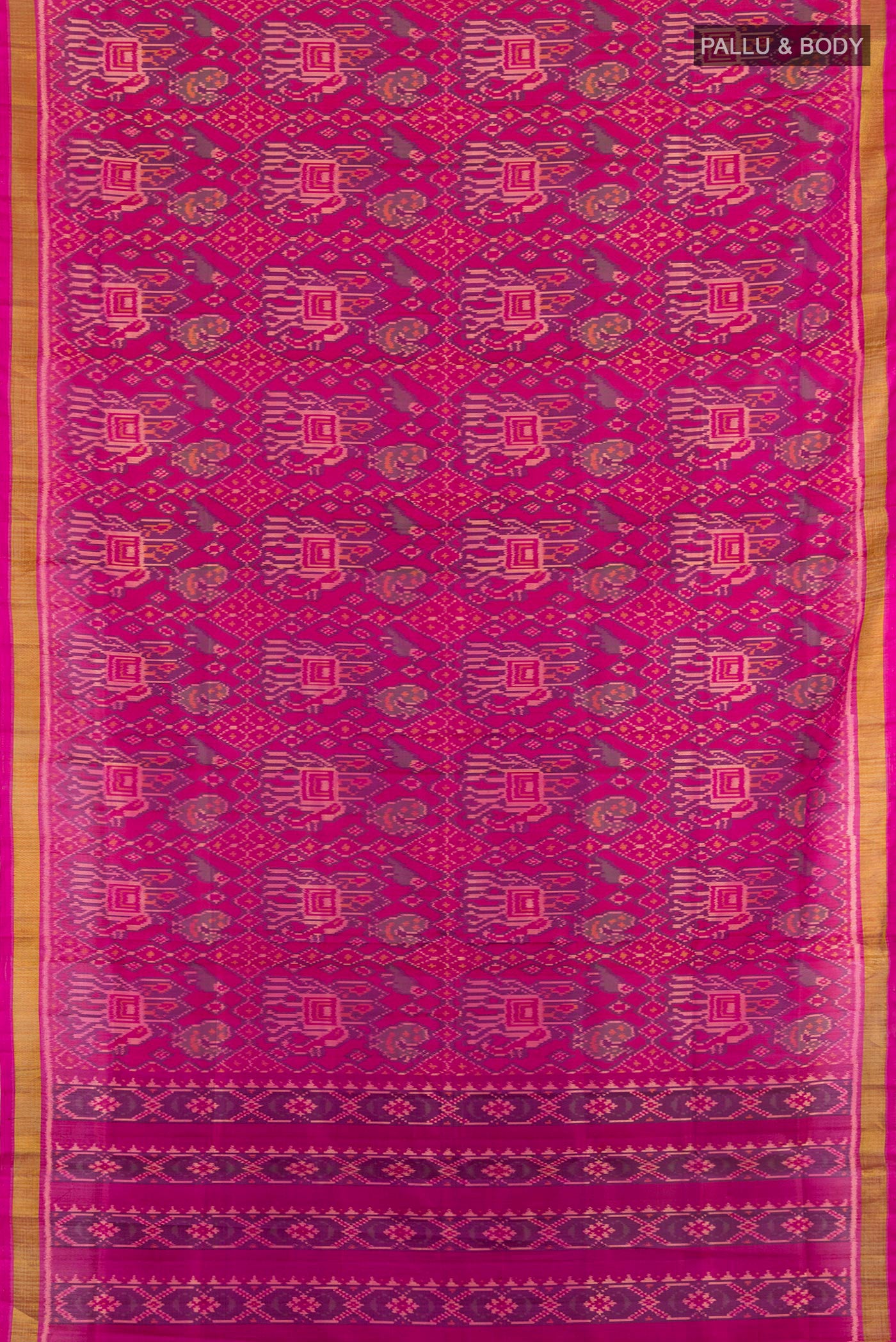 Flat view of Magenta Rajkot Patola Silk Saree with Pure Ikat on the body and Zari Border. 