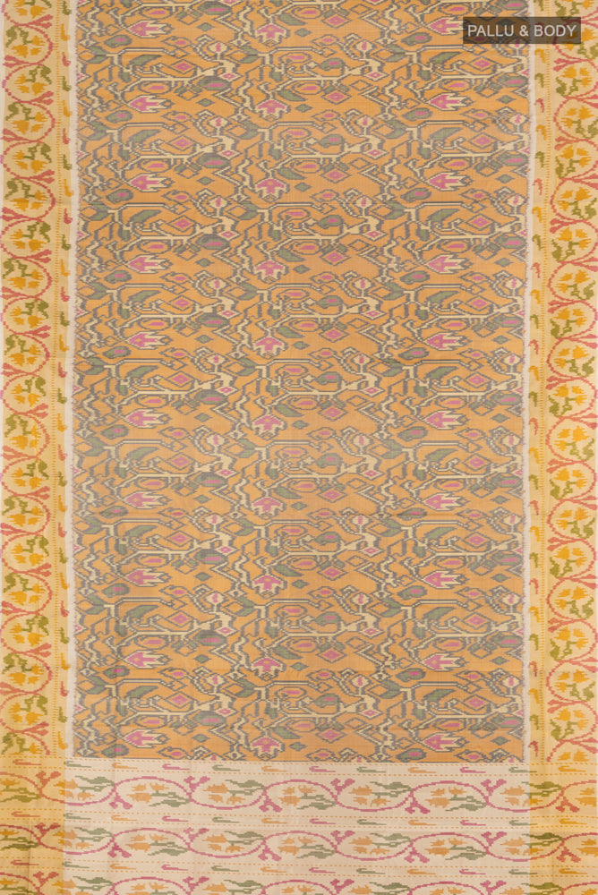 Flat view of Multi Color Pochampally Saree with Ikat Print on the body and Silk Border. 
