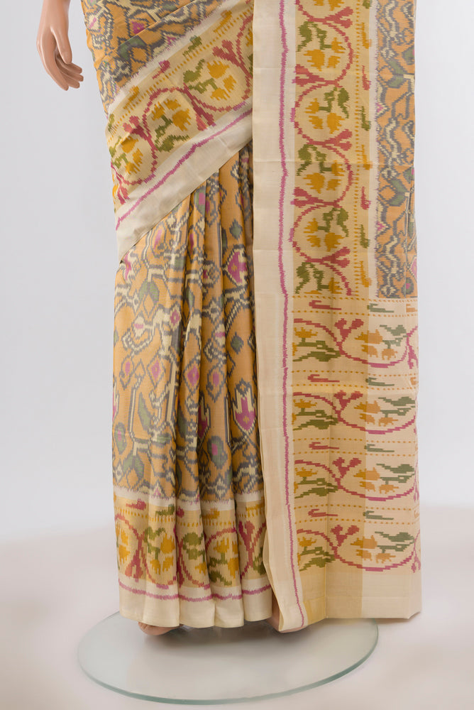 Pleats and pallu of Multi Color Pochampally Saree with Ikat Print on the body and Silk Border. 