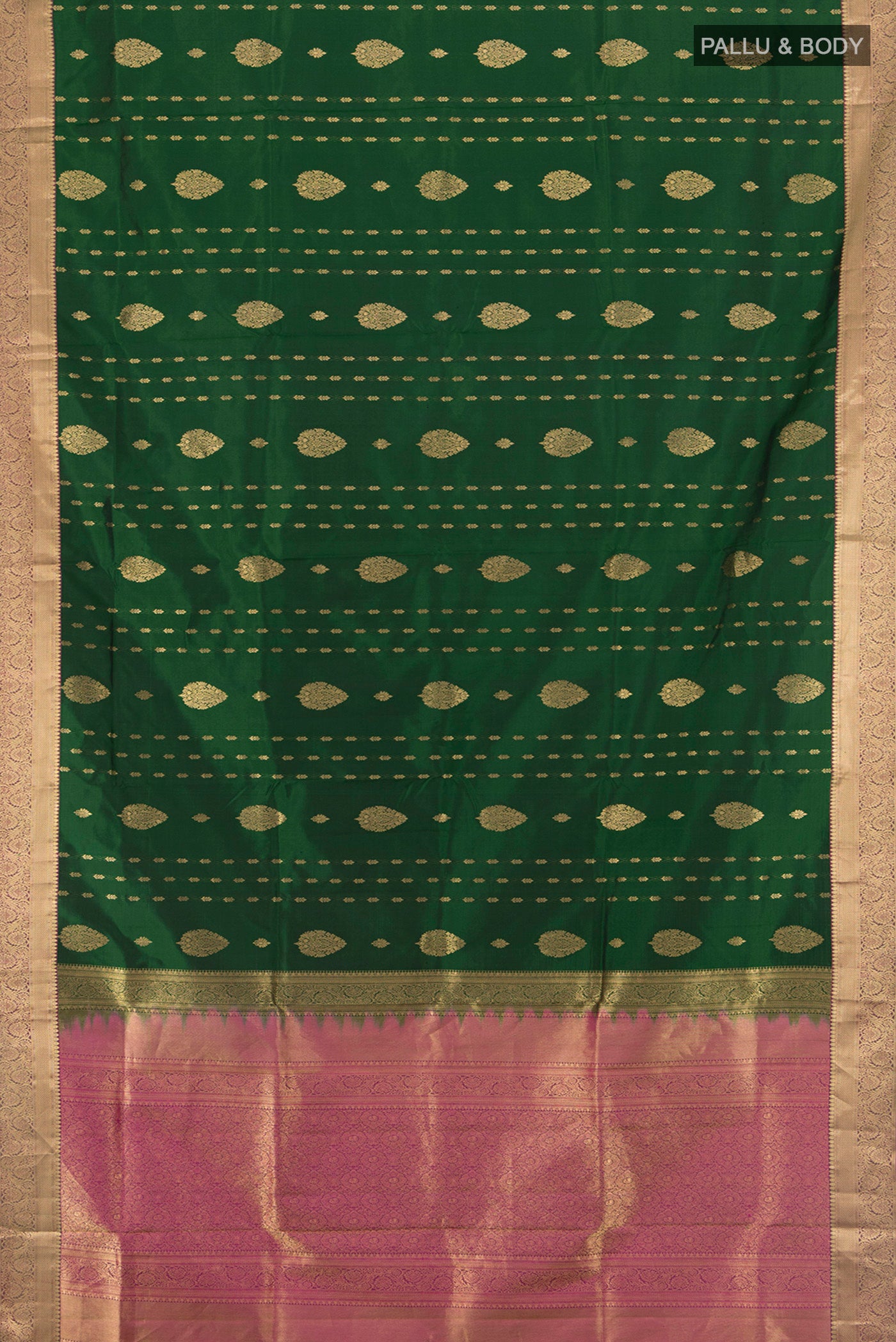 Flat view of Bottle Green Soft Silk Saree with Zari Butta on the body and Silk Border. 