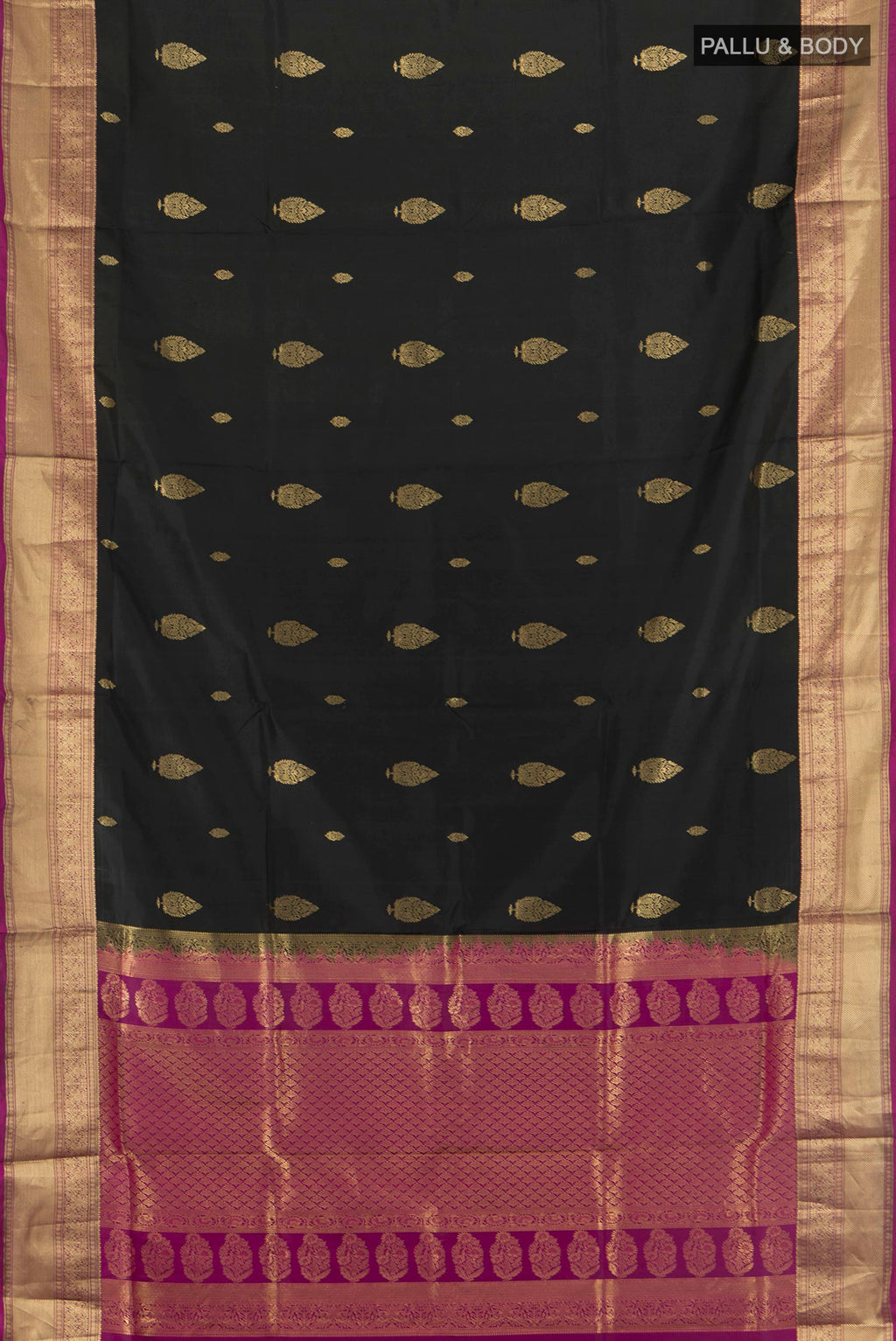 Flat view of Pure Silk Black Soft Saree with Zari Butta on the body and Zari Border. 