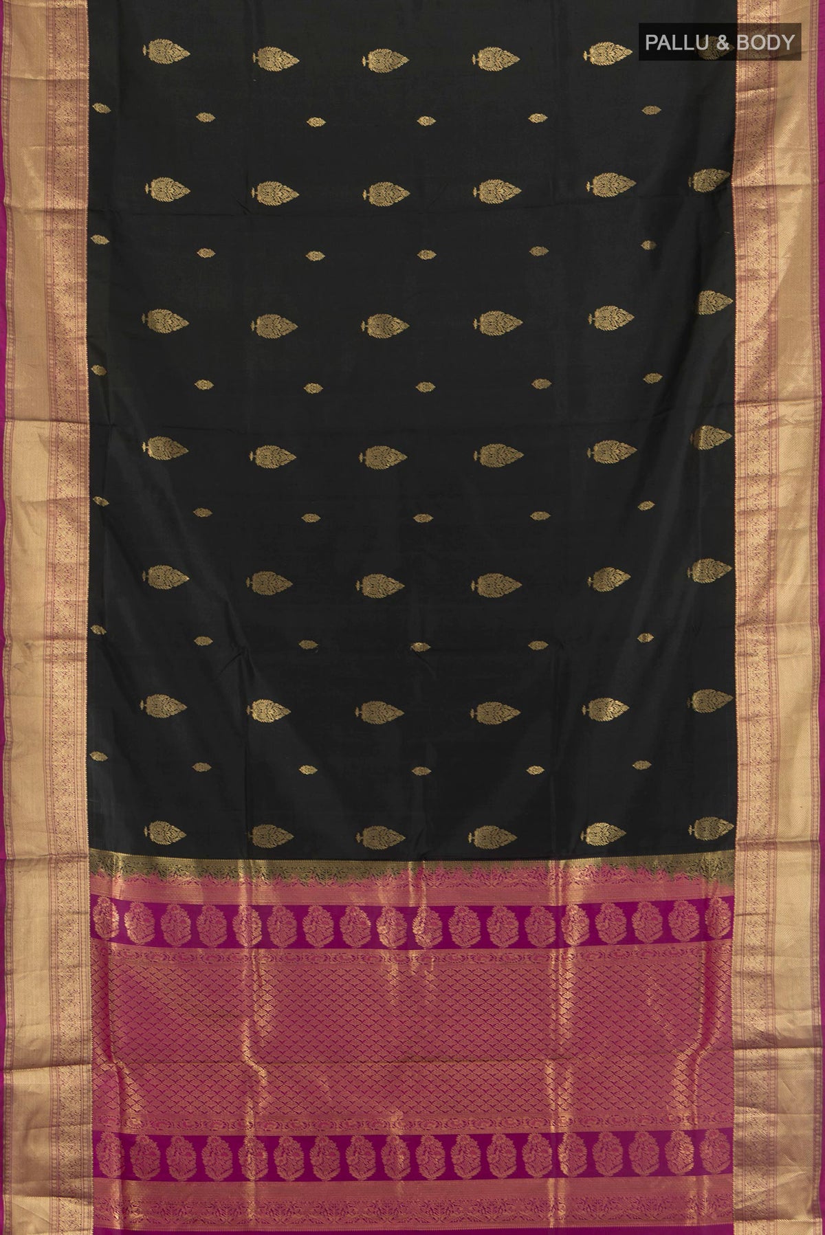 Flat view of Pure Silk Black Soft Saree with Zari Butta on the body and Zari Border. 