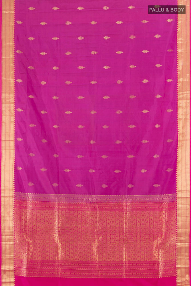 Flat view of Purple Kanchipuram Silk Saree with Zari Brocade on the body and Silk Border. 