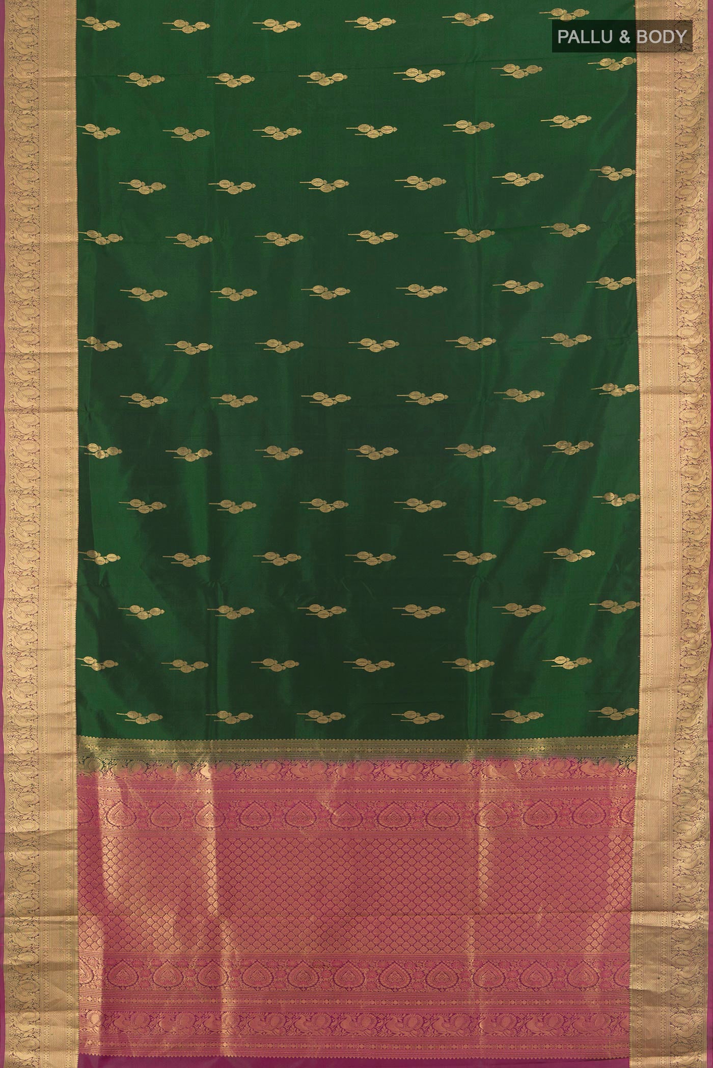 Flat view of Mint Green Soft Silk Saree with Zari Butta on the body and Silk Border. 