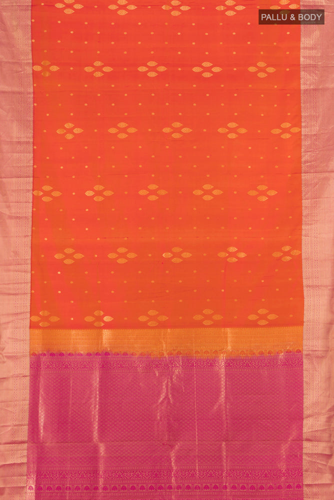 Flat view of Peach Soft Silk Saree with Zari Butta on the body and Silk Border. 
