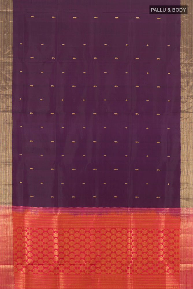Flat view of Violet Soft Silk Saree with Zari Butta on the body and Silk Border. 